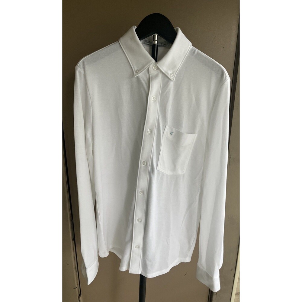 CRIQUET Men's Long Sleeve Polo Shirt Pima Cotton White Waffle Knit Size Small